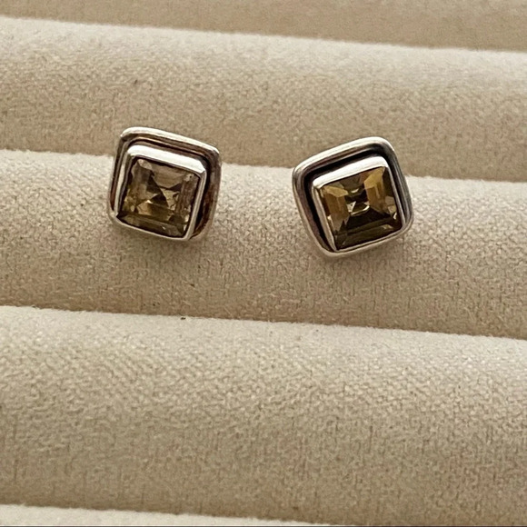 Vintage 925 Sterling Silver Citrine Gemstone Square Stud Earrings - Picture 12 of 15